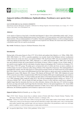 Epipactis Hyblaea (Orchidaceae; Epidendroideae; Neottieae) a New Species from Sicily