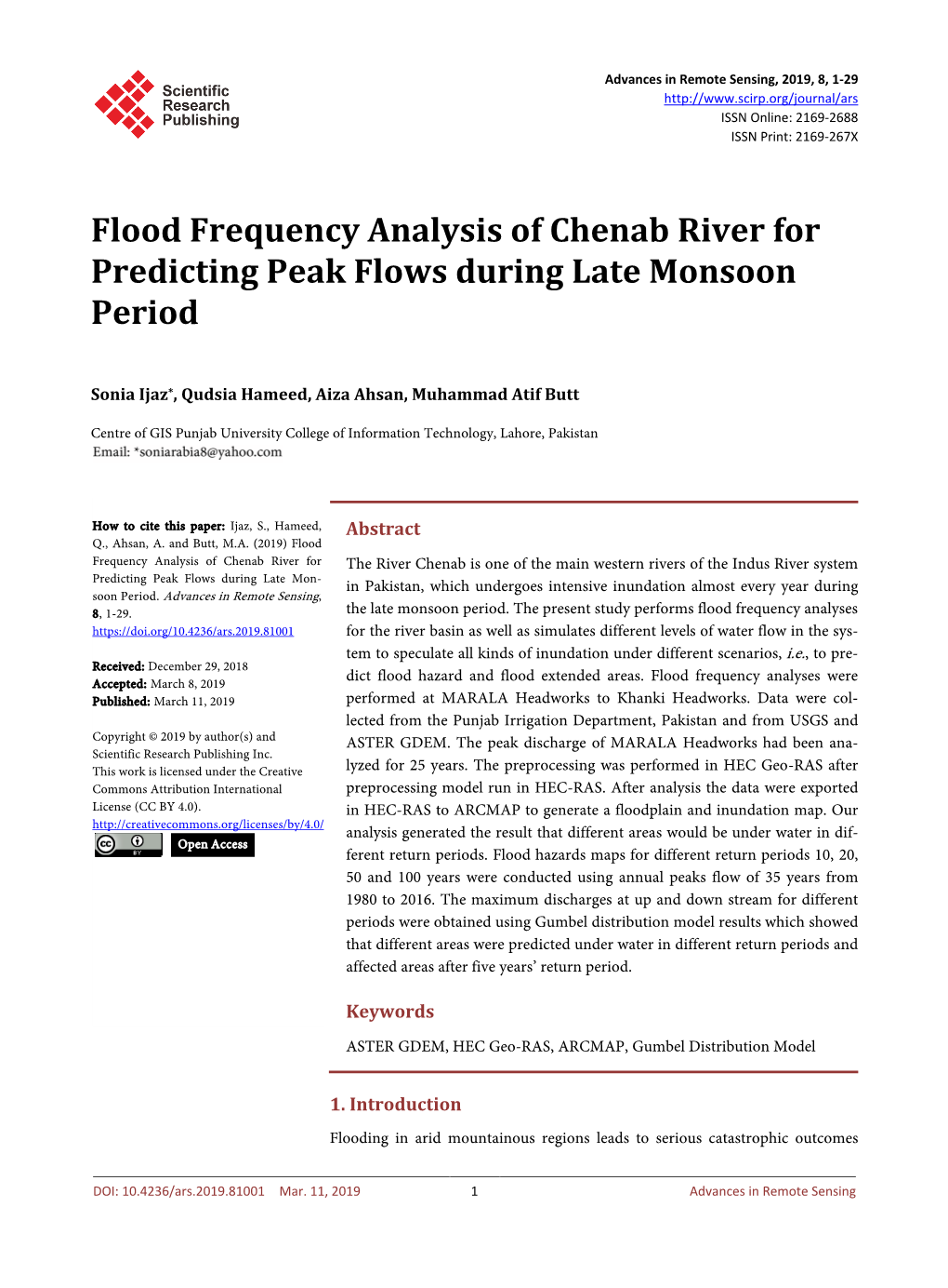 Flood Frequency Analysis of Chenab River for Predicting Peak Flows During Late Monsoon Period