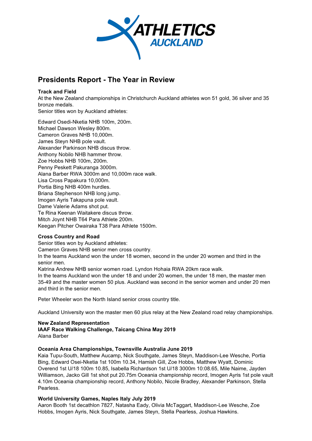 Presidents Report - the Year in Review