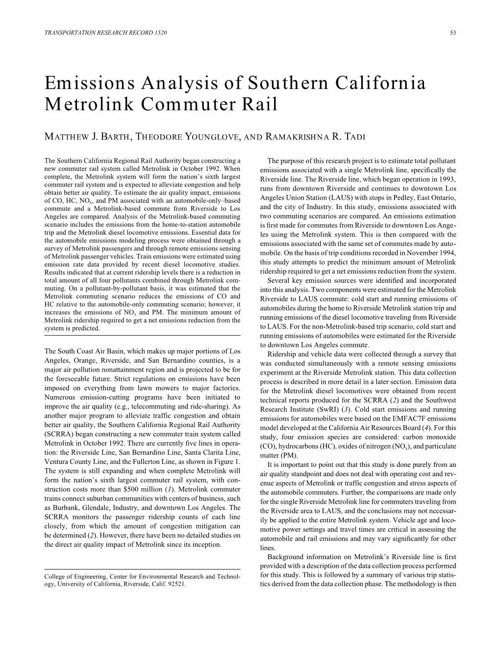 Emissions Analysis of Southern California Metrolink Commuter Rail
