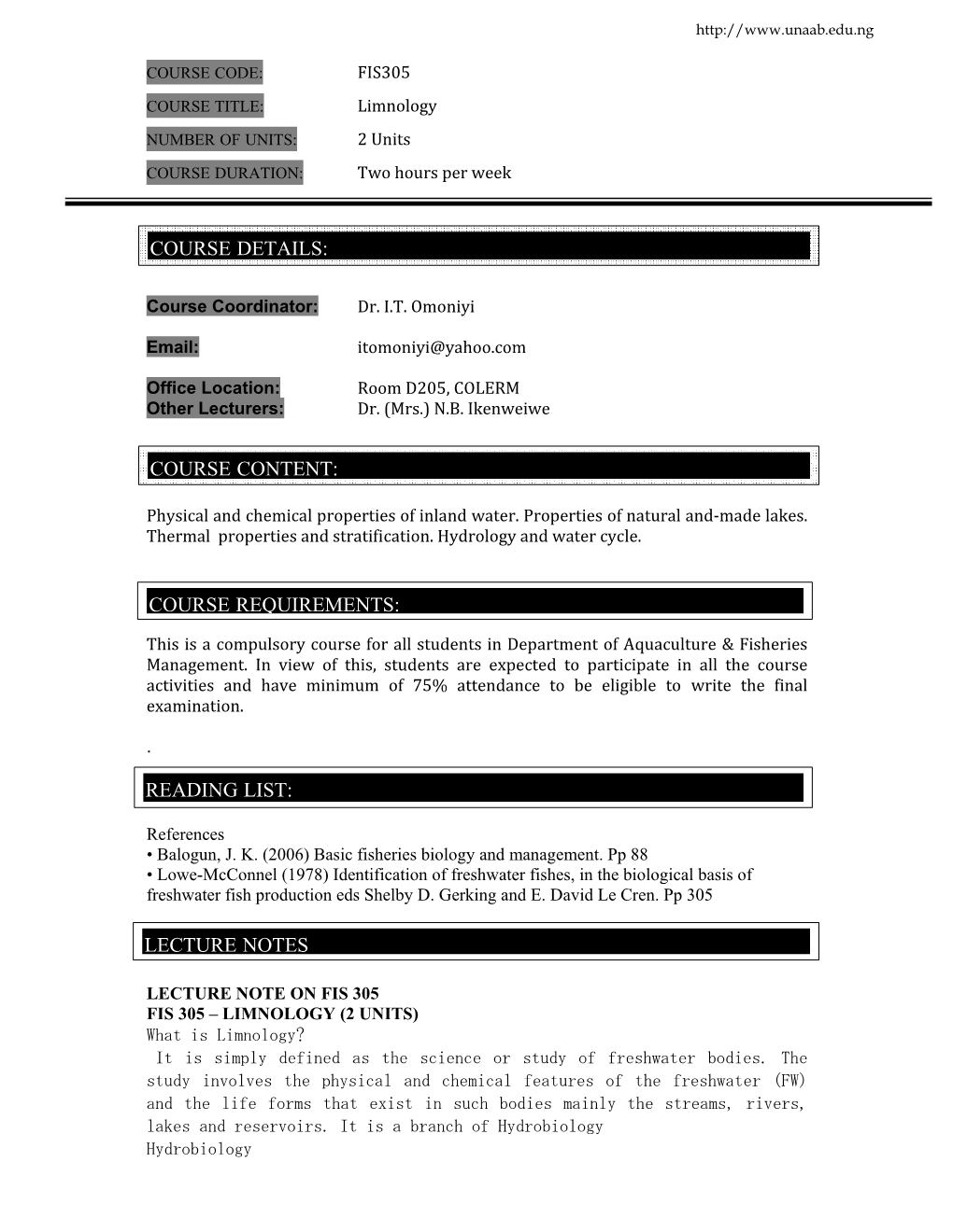 E Lecture Notes Course Details