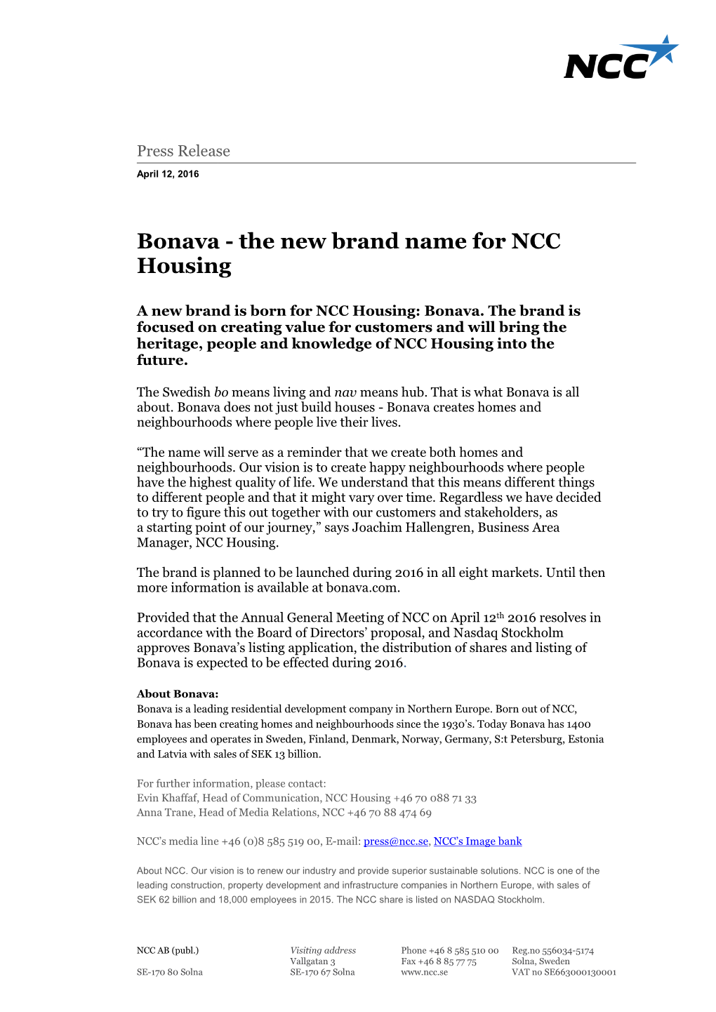 Bonava - the New Brand Name for NCC Housing