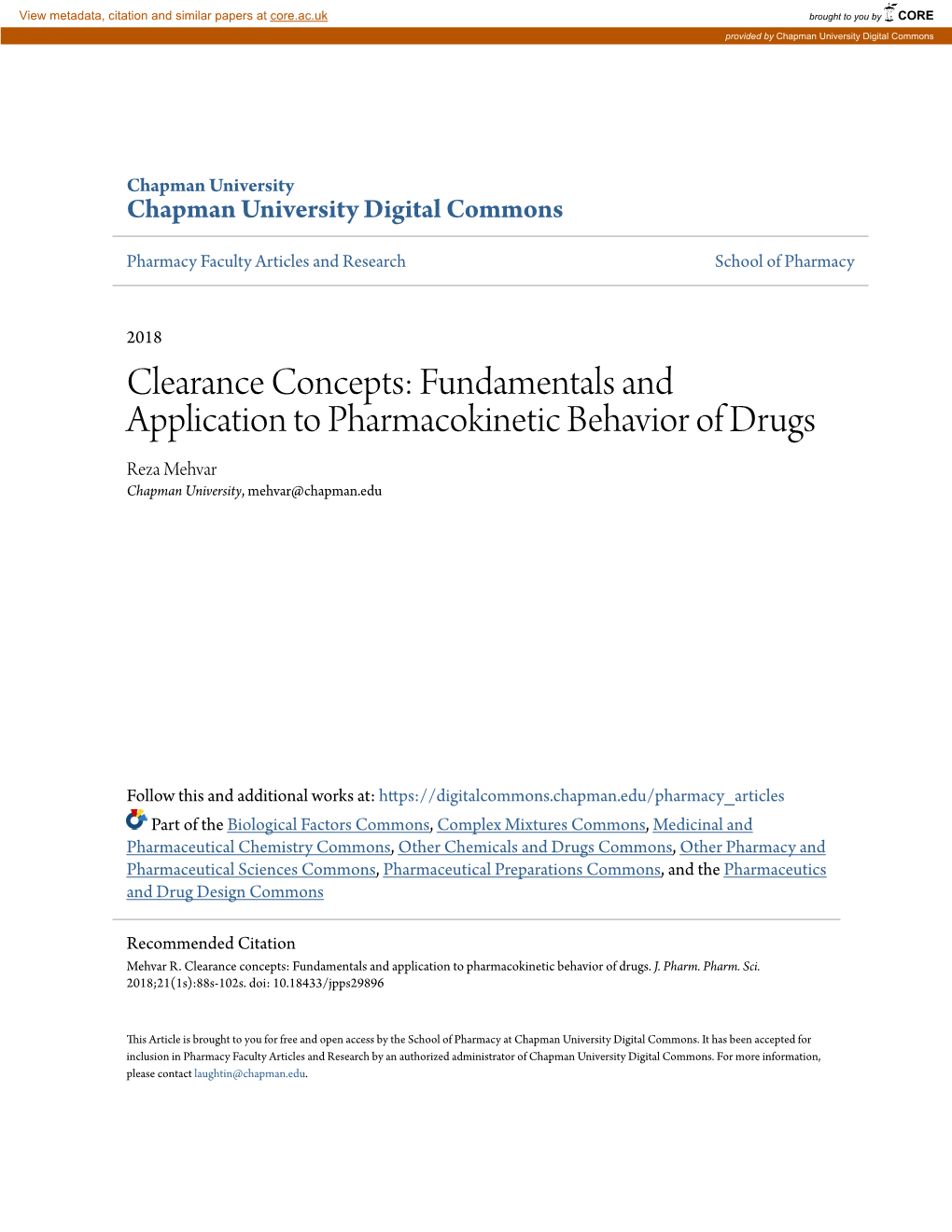 Clearance Concepts: Fundamentals and Application to Pharmacokinetic Behavior of Drugs Reza Mehvar Chapman University, Mehvar@Chapman.Edu