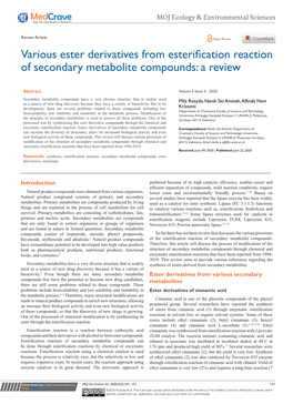 Various Ester Derivatives from Esterification Reaction of Secondary Metabolite Compounds: a Review