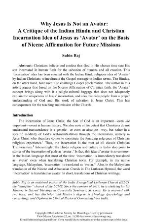 Why Jesus Is Not an Avatar: a Critique of the Indian Hindu and Christian Incarnation Idea of Jesus As ‘Avatar’ on the Basis of Nicene Affirmation for Future Missions