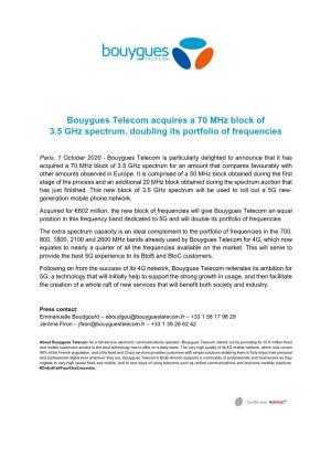 Bouygues Telecom Acquires a 70 Mhz Block of 3.5 Ghz Spectrum, Doubling Its Portfolio of Frequencies