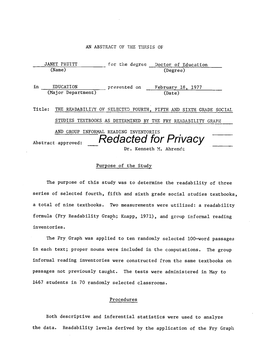 The Readability of Selected Fourth, Fifth and Sixth Grade Social Studies Textbooks As Determined by the Fry Readability Graph and Group Informal Reading Inventories