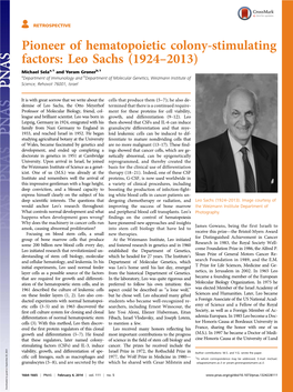 Pioneer of Hematopoietic Colony-Stimulating Factors: Leo Sachs