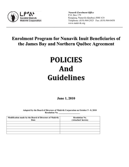 Policies and Guidelines: Nunavik Inuit Beneficiaries June 1, 2010