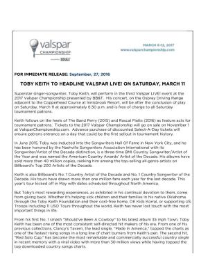 Toby Keith to Headline Valspar Live! on Saturday, March 11