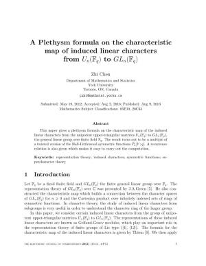 A Plethysm Formula on the Characteristic Map of Induced Linear Characters from Un(Fq) to Gln(Fq)