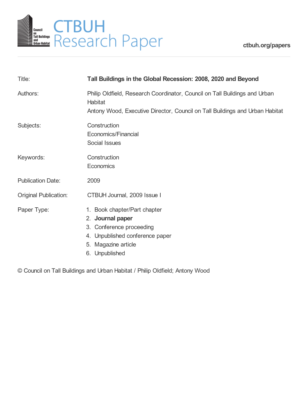 Tall Buildings in the Global Recession: 2008, 2020 and Beyond