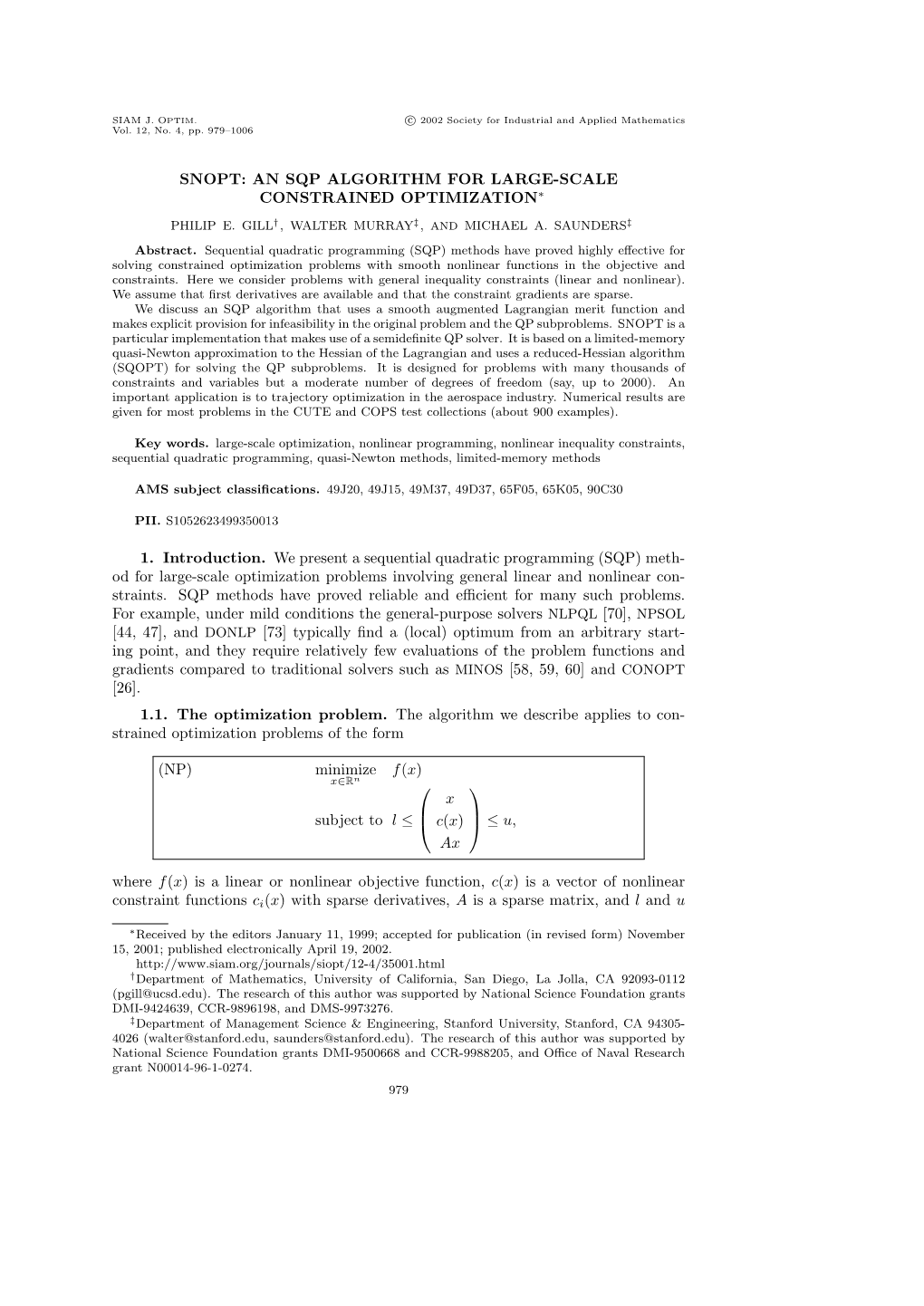 SNOPT: an SQP Algorithm for Large-Scale Constrained Optimization