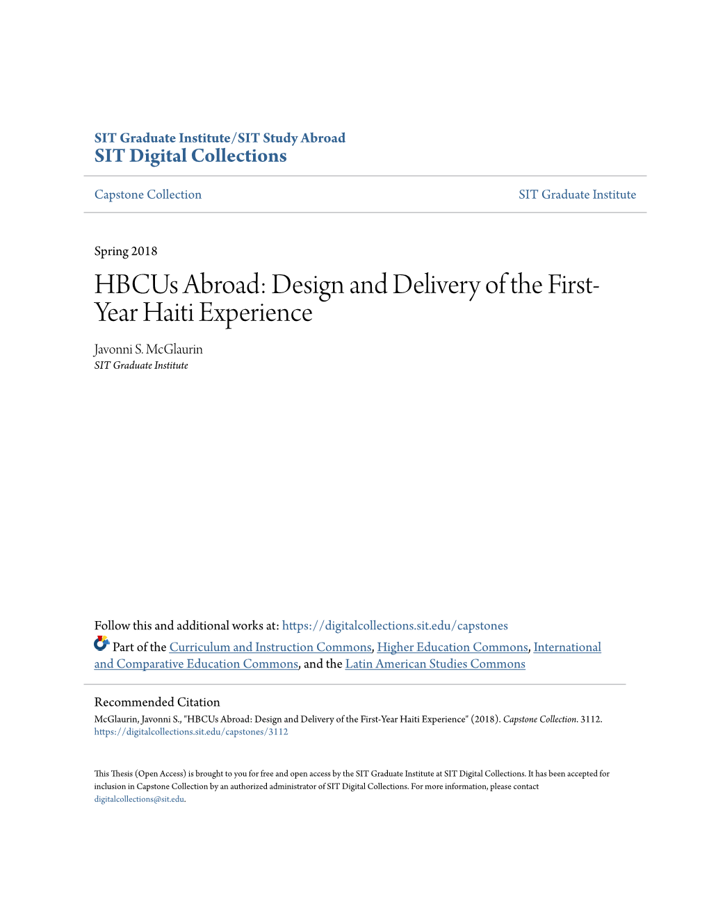 Hbcus Abroad: Design and Delivery of the First-Year Haiti Experience" (2018)