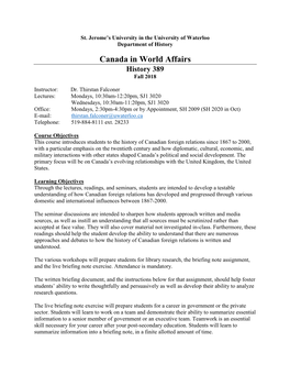 Canada in World Affairs History 389 Fall 2018