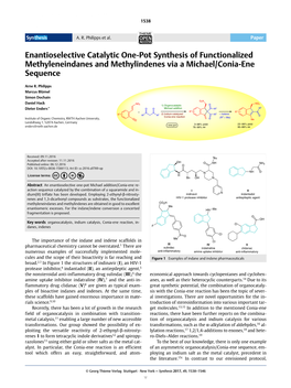 Enantioselective Catalytic One-Pot Synthesis of Functionalized Methyleneindanes and Methylindenes Via a Michael/Conia-Ene Sequence