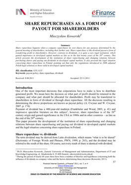 Share Repurchases As a Form of Payout for Shareholders