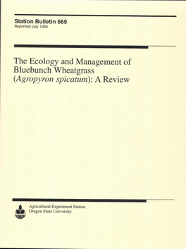 The Ecology and Management of Bluebunch Wheatgrass (Agropyron