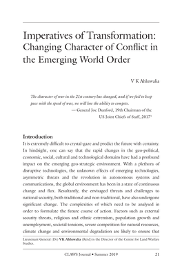 Imperatives of Transformation: Changing Character of Conﬂict in the Emerging World Order