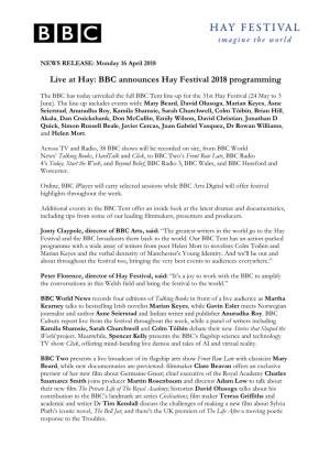 Live at Hay: BBC Announces Hay Festival 2018 Programming