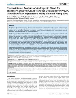 Transcriptome Analysis of Androgenic Gland for Discovery of Novel Genes from the Oriental River Prawn, Macrobrachium Nipponense, Using Illumina Hiseq 2000