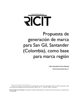 Propuesta De Generación De Marca Para San Gil, Santander (Colombia), Como Base Para Marca Región