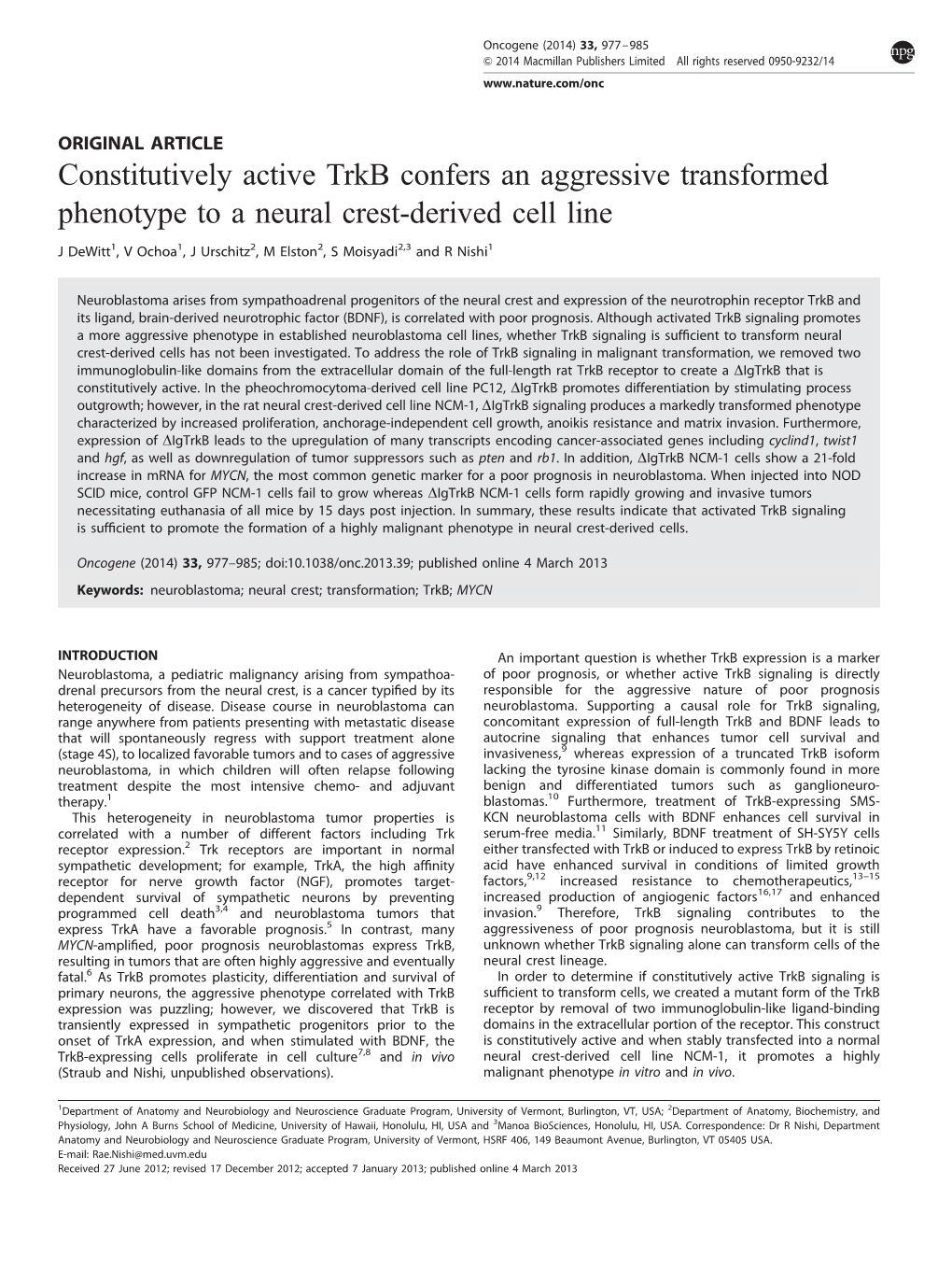 Constitutively Active Trkb Confers an Aggressive Transformed Phenotype to a Neural Crest-Derived Cell Line