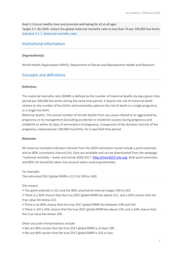 Maternal Mortality Ratio to Less Than 70 Per 100,000 Live Births Indicator 3.1.1: Maternal Mortality Ratio