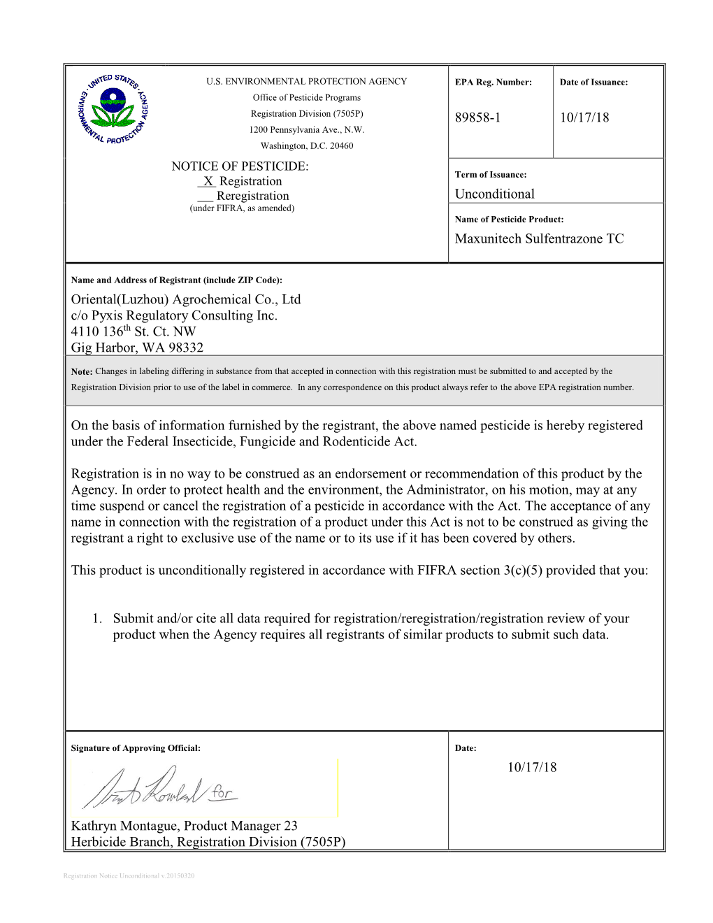 US EPA, Pesticide Product Label, MAXUNITECH SULFENTRAZONE TC,10/17/2018