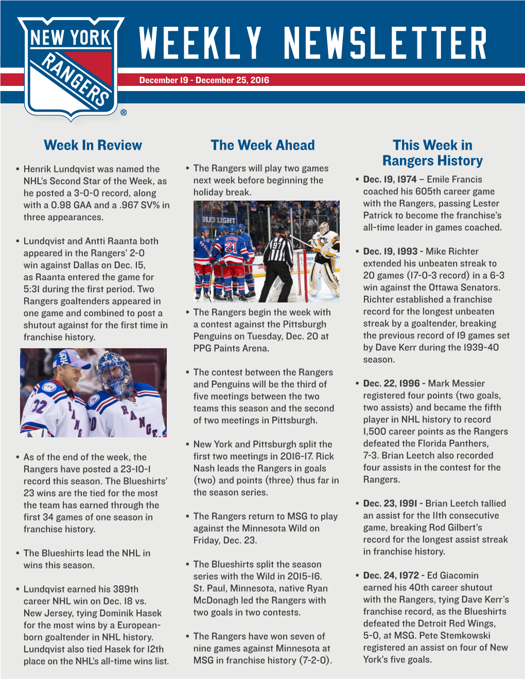 Week in Review the Week Ahead This Week in Rangers History