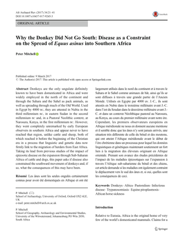 Why the Donkey Did Not Go South: Disease As a Constraint on the Spread of Equus Asinus Into Southern Africa