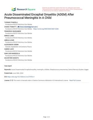Acute Disseminated Encephal Omyelitis (ADEM) After Pneumococcal Meningitis in a Child