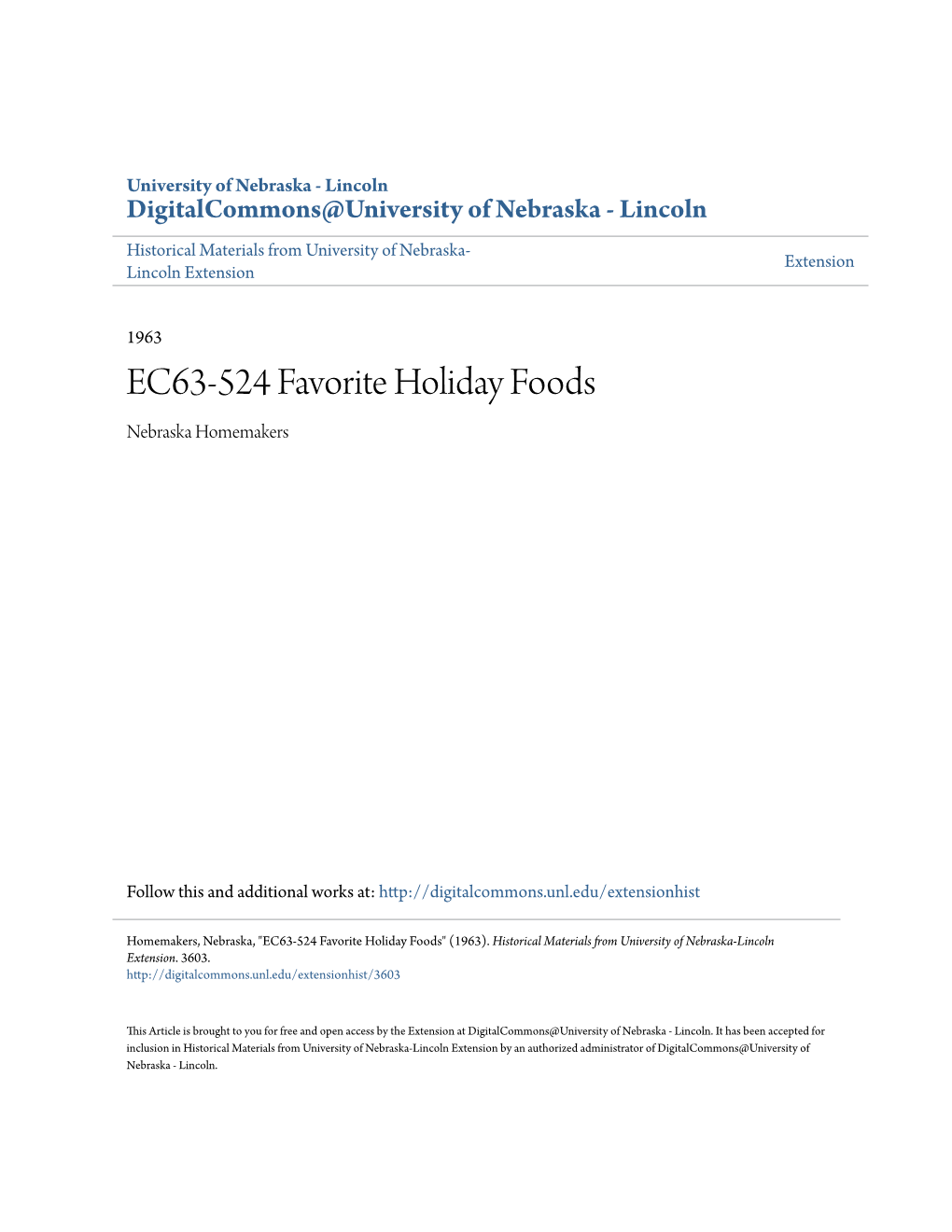 EC63-524 Favorite Holiday Foods Nebraska Homemakers