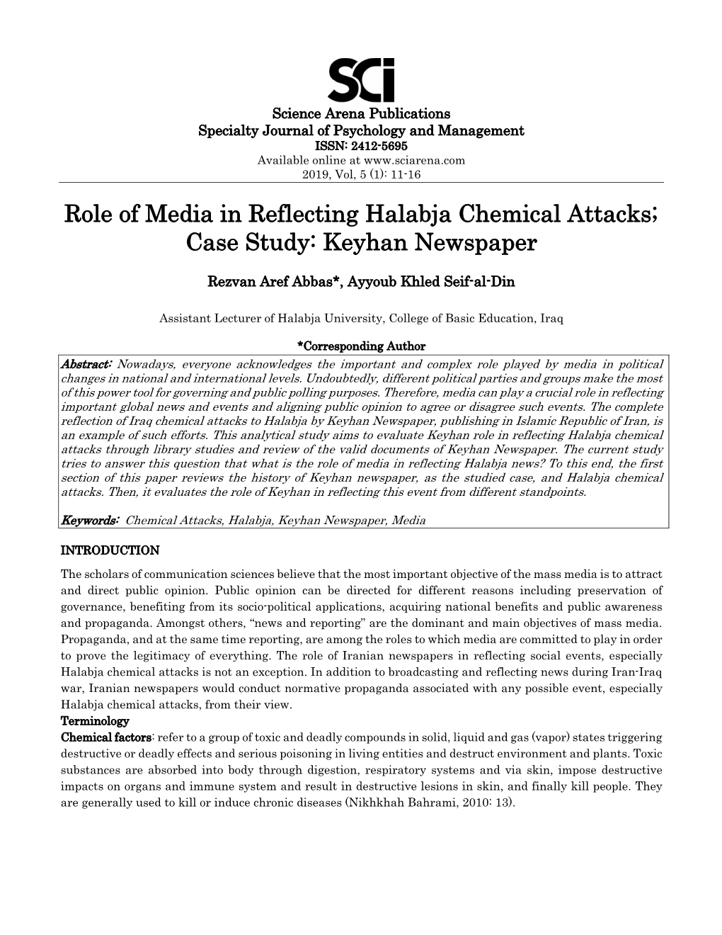Role of Media in Reflecting Halabja Chemical Attacks; Case Study: Keyhan Newspaper