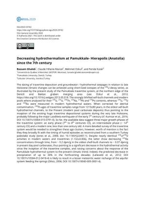 Decreasing Hydrothermalism at Pamukkale- Hierapolis (Anatolia) Since the 7Th Century