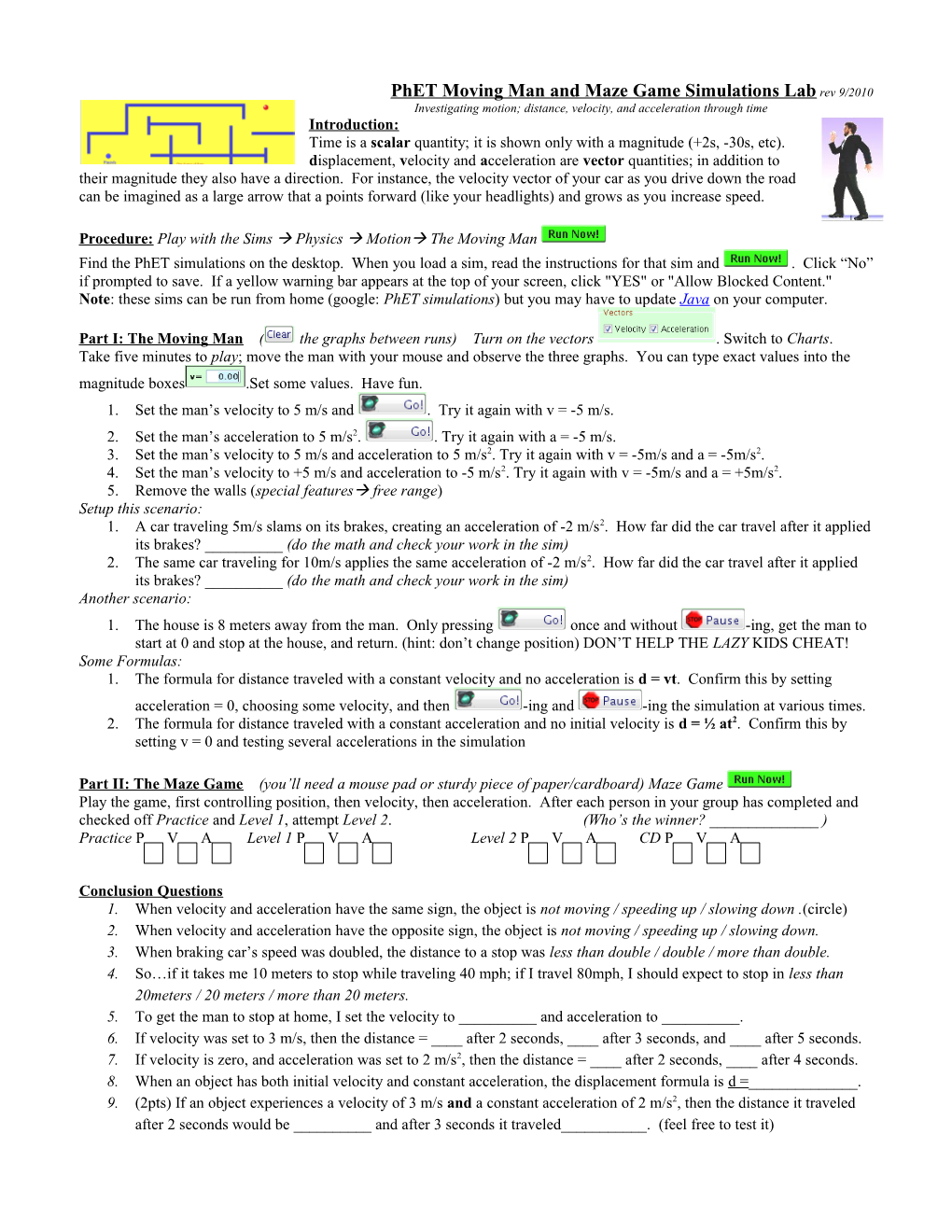 Phet Moving Man and Maze Game Simulations Lab Rev 9/2010