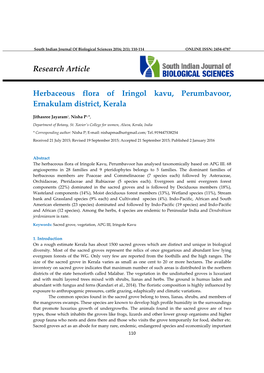 Research Article Herbaceous Flora of Iringol Kavu, Perumbavoor, Ernakulam District, Kerala