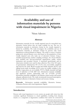 Availability and Use of Information Materials by Persons with Visual Impairment in Nigeria