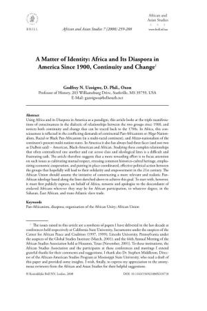Africa and Its Diaspora in America Since 1900, Continuity and Change1