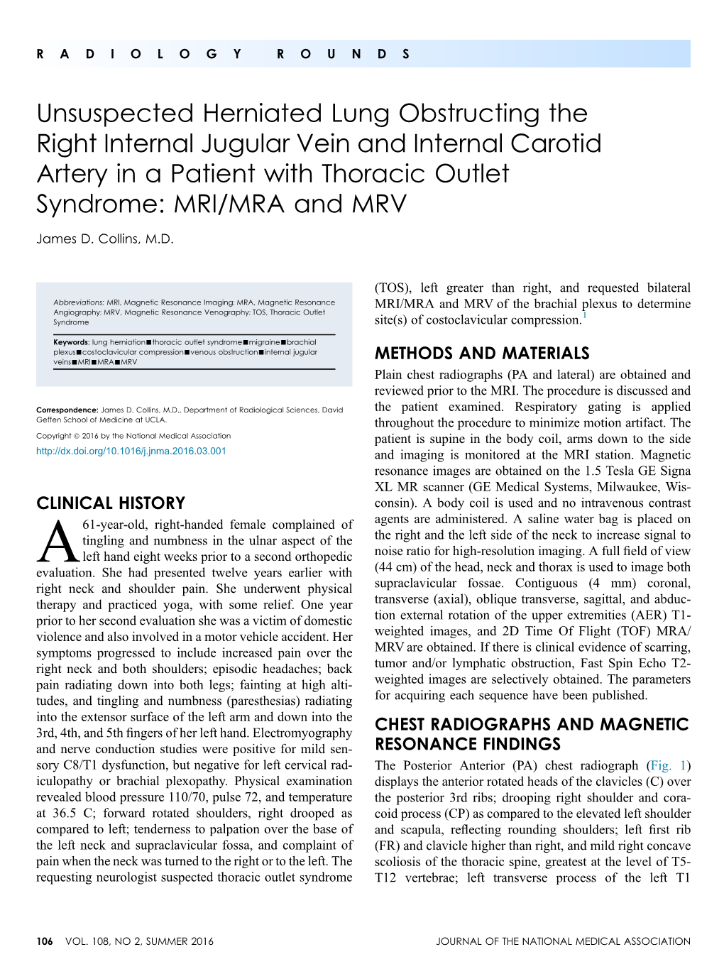 Unsuspected Herniated Lung Obstructing the Right Internal Jugular Vein and Internal Carotid Artery in a Patient with Thoracic Outlet Syndrome: MRI/MRA and MRV