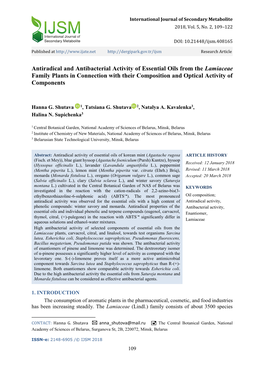Antiradical and Antibacterial Activity of Essential Oils from the Lamiaceae Family Plants in Connection with Their Composition and Optical Activity of Components