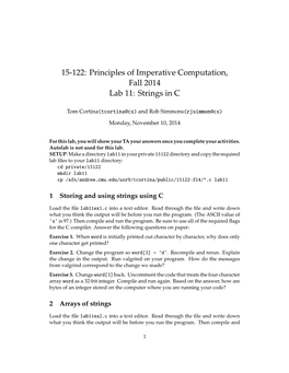 15-122: Principles of Imperative Computation, Fall 2014 Lab 11: Strings in C