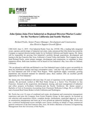 John Quinn Joins First Industrial As Regional Director/Market Leader for the Northern California and Seattle Markets