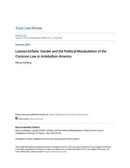 Laissez-Unfaire: Gender and the Political Manipulation of the Common Law in Antebellum America