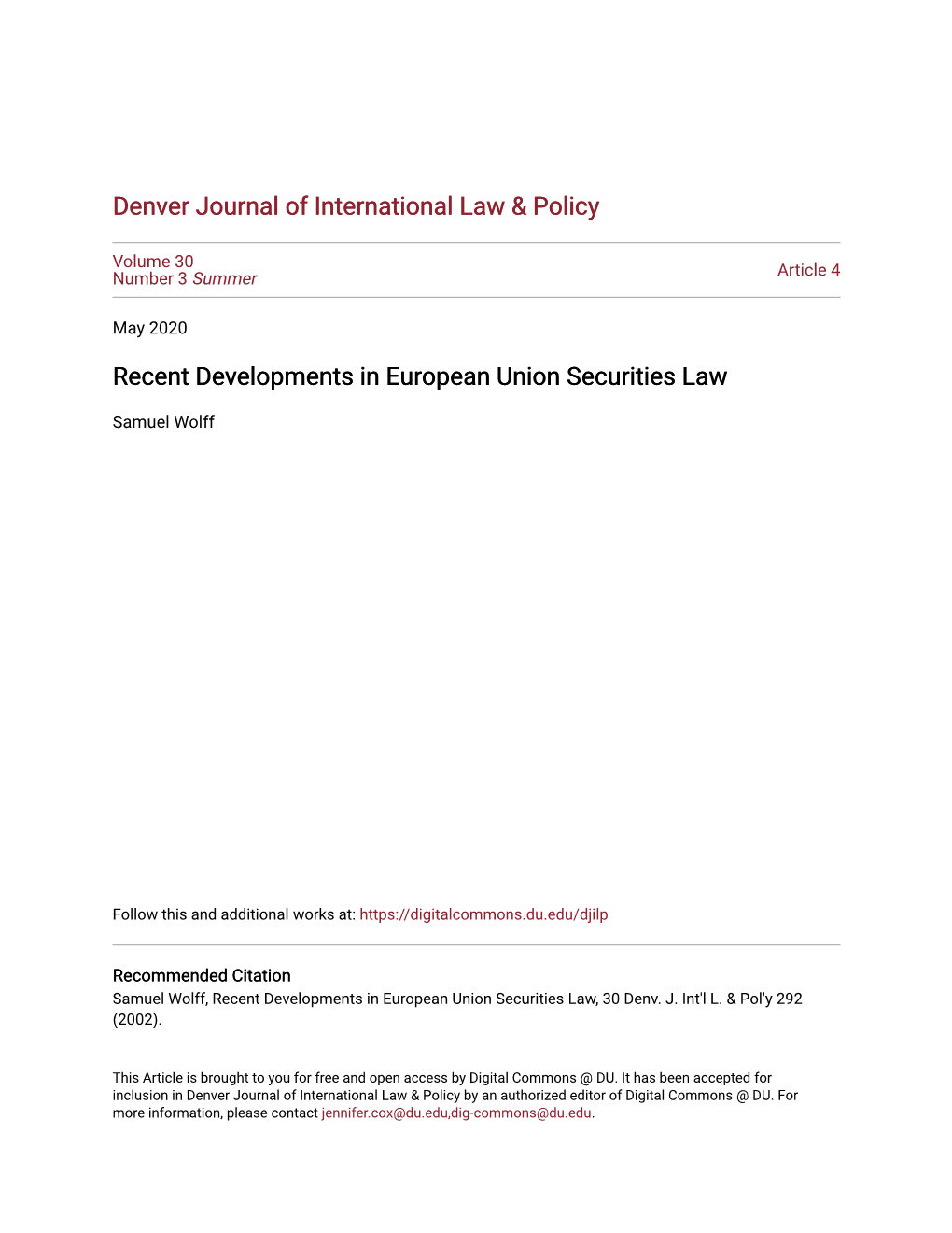 Recent Developments in European Union Securities Law