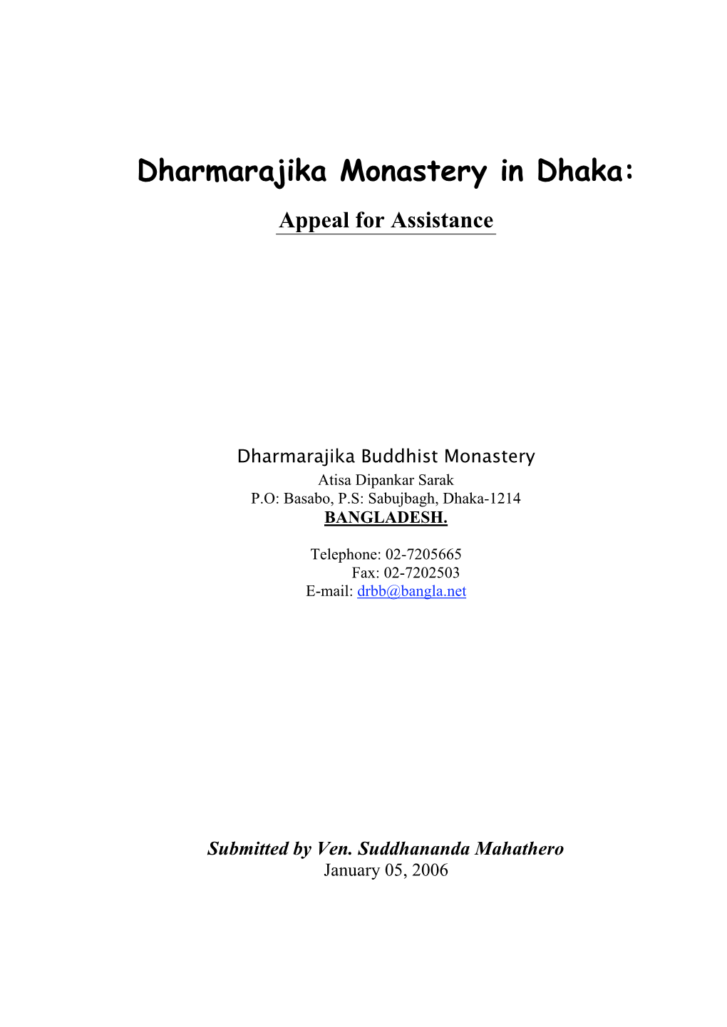Dharmarajika Monastery in Dhaka: Appeal for Assistance