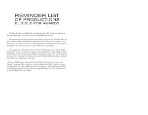 Reminder List of Productions Eligible for Awards