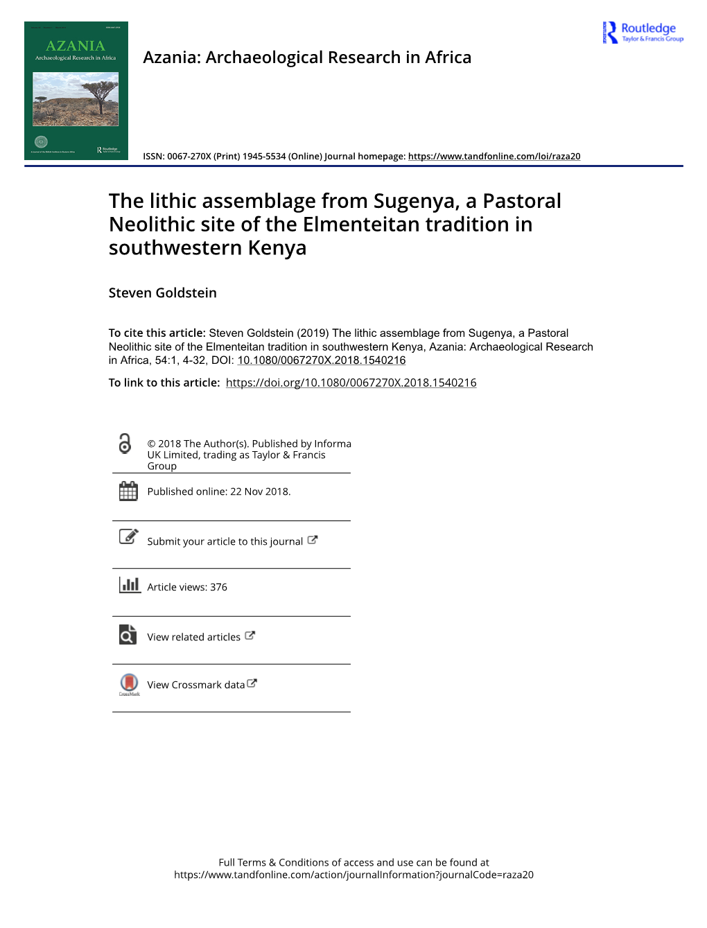 The Lithic Assemblage from Sugenya, a Pastoral Neolithic Site of the Elmenteitan Tradition in Southwestern Kenya