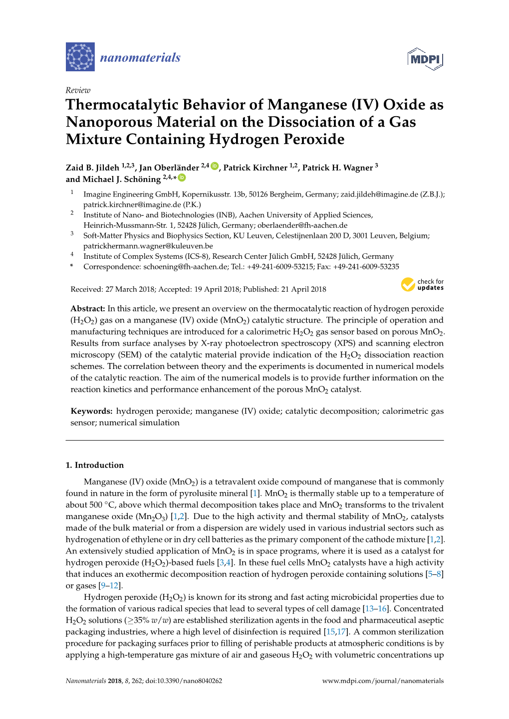 (IV) Oxide As Nanoporous Material on the Dissociation of a Gas Mixture Containing Hydrogen Peroxide