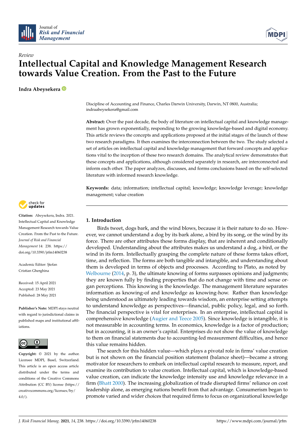 Intellectual Capital and Knowledge Management Research Towards Value Creation